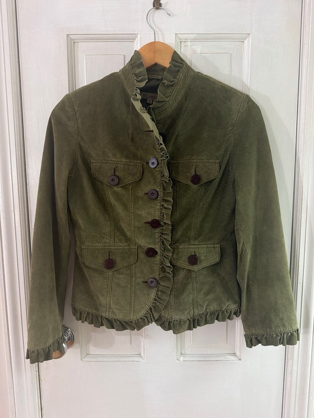 Vintage Marc Baxis Jacket Womens Small Green Genuine Suede Ruffle Trim Military